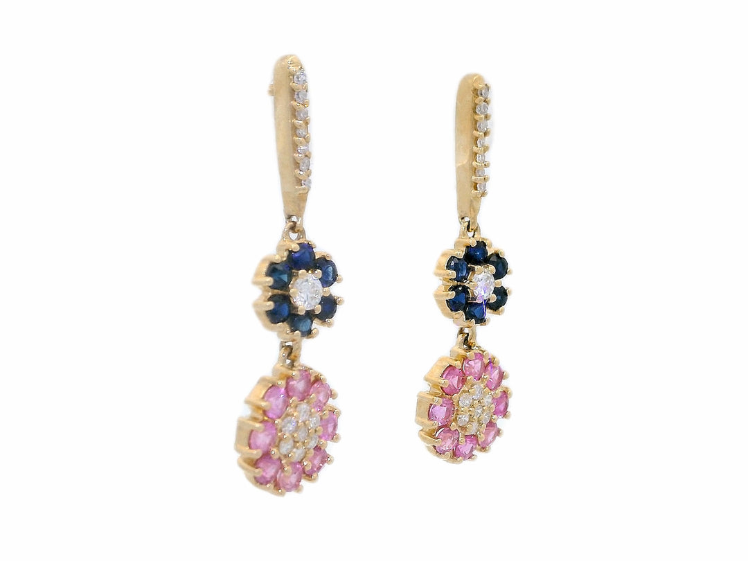 1.20 CTW Natural Blue Sapphire, Pink Sapphire & Diamond Floral Dangle Earrings in 14KT Yellow Gold