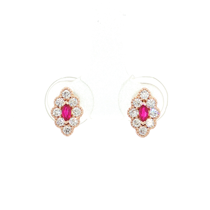 Vivid Marquise Ruby Colorless Nearly Flawless Halo Diamond Stud Earrings (⅔ ct. tw.) in 14k Rose Gold