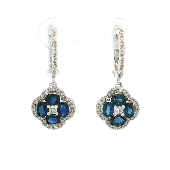 Deep Blue Sapphire Colorless Nearly Flawless Diamond Clover Dangle Earrings (2 ⅕ ct. tw.) in 14k White Gold