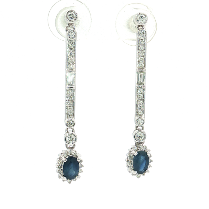 Oval Deep Blue Sapphire Colorless Near-Flawless Diamond Drop Earrings (1 ⅘ ct. tw.) in 14k White Gold