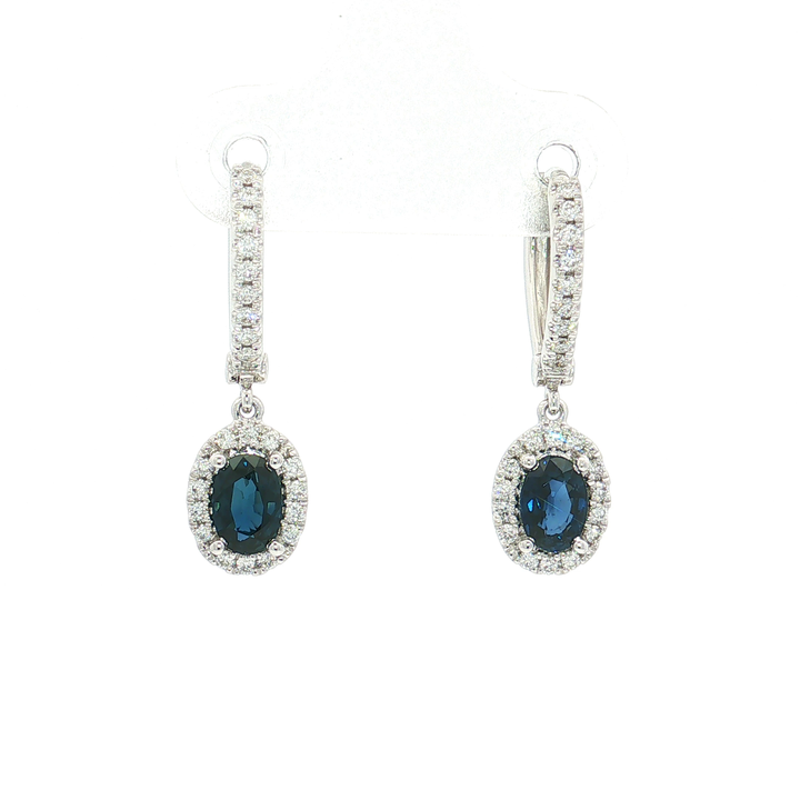 Oval Deep Blue Sapphire Colorless Nearly Flawless Halo Diamond Drop Earrings (1 ⅜ ct. tw.) in 18k White Gold