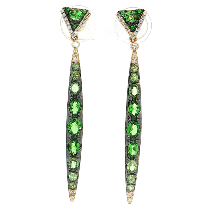 Oval Vivid Green Tsavorite Colorless Nearly Flawless Diamond Bar Drop Earrings (5 ⅖ ct. tw.) in 18k Yellow Gold