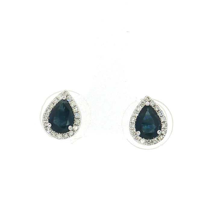 Teardrop Deep Blue Sapphire Colorless Nearly Flawless Halo Diamond Stud Earrings (1 ⅘ ct. tw.) in 14k White Gold