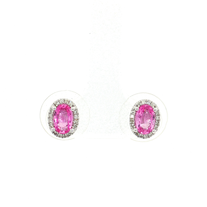 Oval Vivid Pink Sapphire Near-Colorless Near-Flawless Halo Diamond Stud Earrings (1 ⅒ ct. tw.) in 14k White Gold