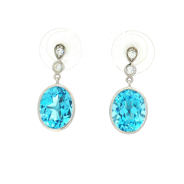 Oval Vivid Blue Cubic Zirconia Dangle Earrings in Sterling Silver