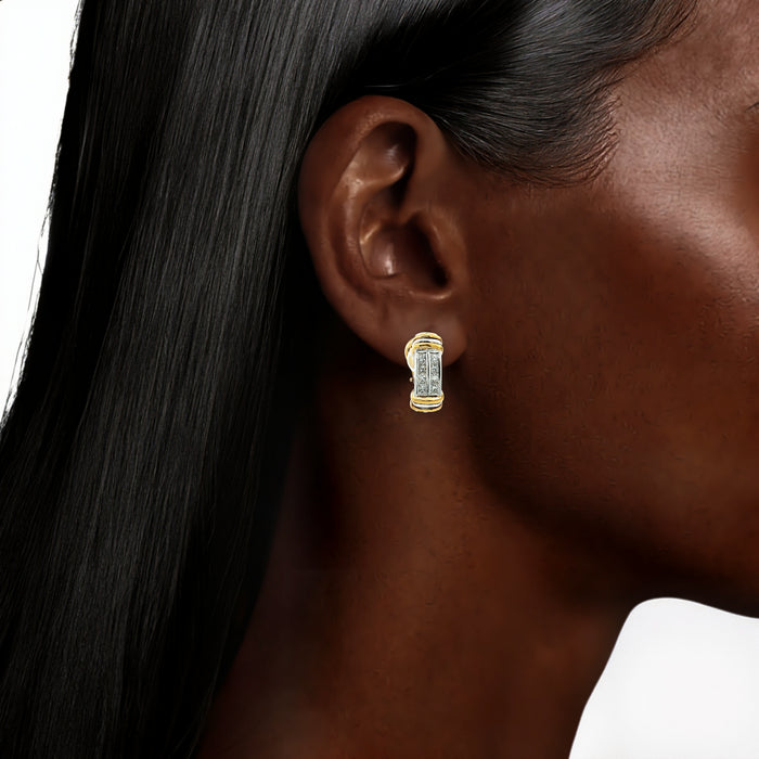 Channel-Set Princess Colorless Nearly Flawless Diamond Half Hoop Earrings (1 ⅗ ct. tw.) in 18k Yellow Gold & Platinum shown on the ear (deepest skin tone)