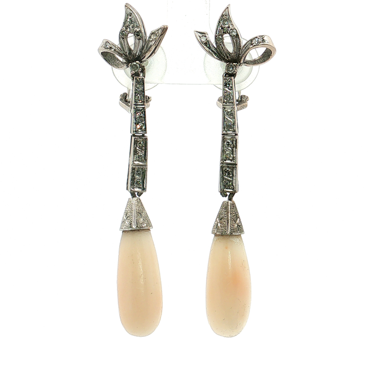 Antique Victorian Pink Coral Near-Colorless Nearly Flawless Diamond Drop Earrings (⅖ ct. tw.) in Sterling Silver