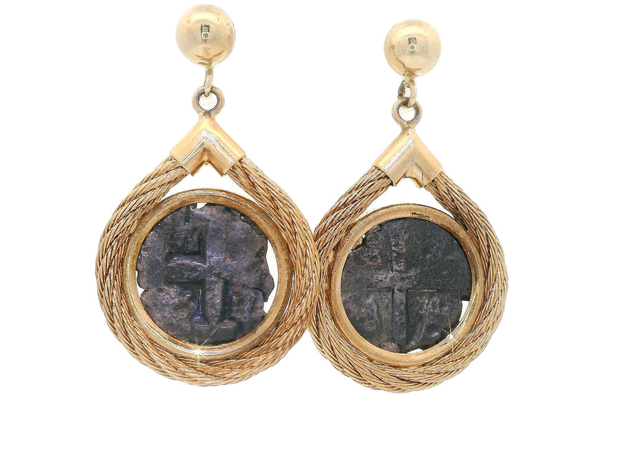 Rare Antique Spanish Shipwreck Coin Dangle Earrings 14k Yellow Gold