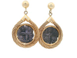 Vintage Spanish Shipwreck Coin Cross Dangle Earrings in 14k Yellow Gold