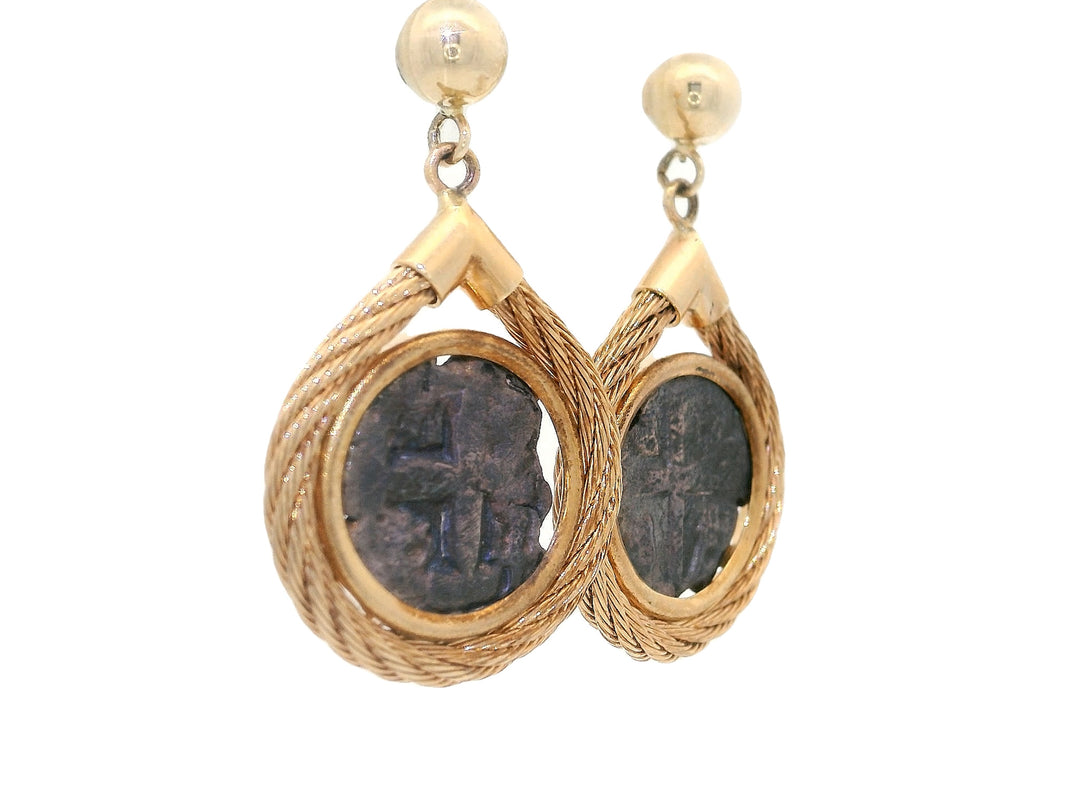 Rare Vintage Shipwreck Coin Earrings in 14KT Yellow Gold