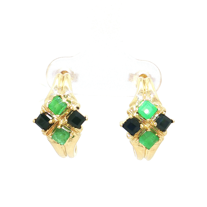 Geometric Colombian Emerald Deep Blue Spinel Hoop Earrings (1 ⅒ ct. tw.) in 10k Yellow Gold
