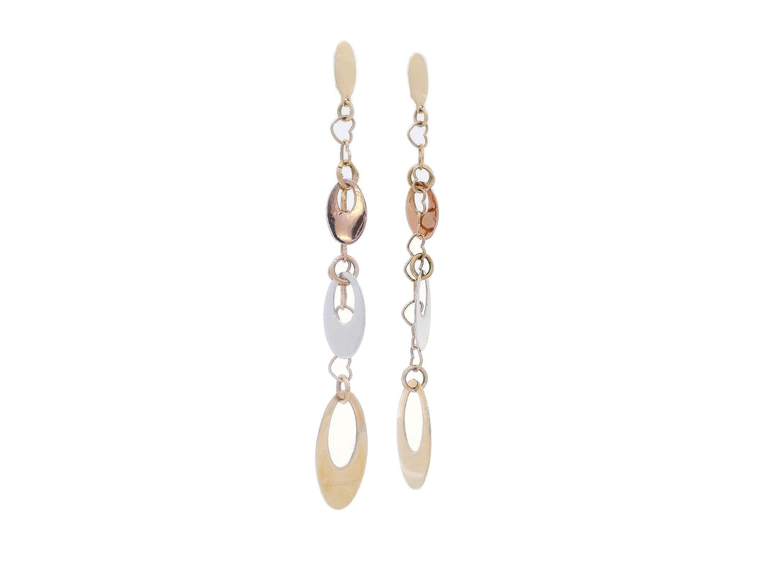 Tri-Color 18KT Gold Dangle Earrings in Yellow, White, & Rose Gold