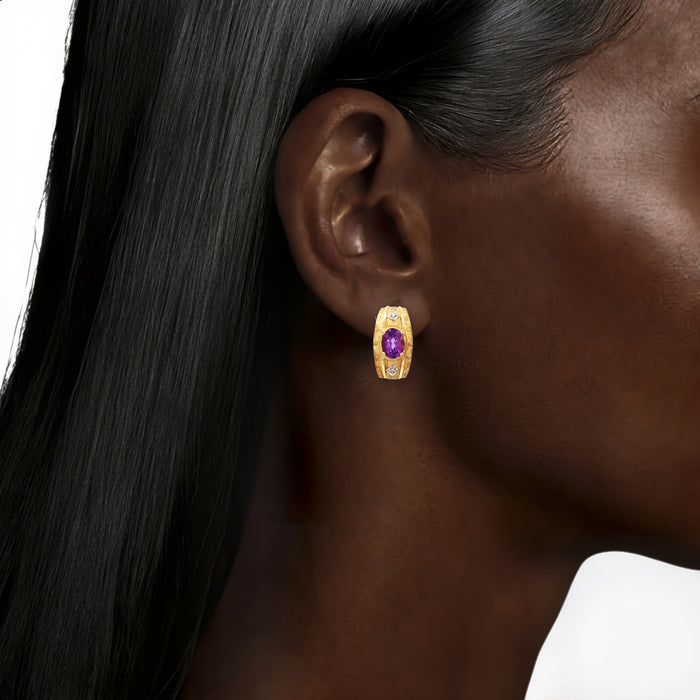 Vintage Amethyst & Diamond Hoop Earrings (1 ⅜ ct. tw.) in 14k Yellow Gold shown on the ear (deepest skin tone)