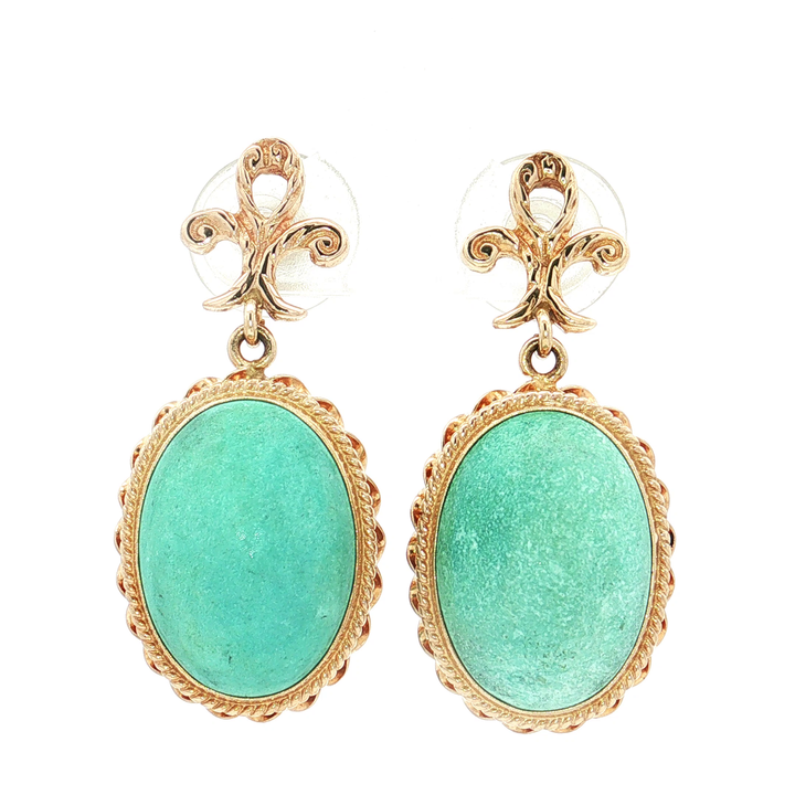 Oval Cabochon Turquoise Fleur-de-Lis Drop Earrings (20 ct. tw.) in 14k Yellow Gold