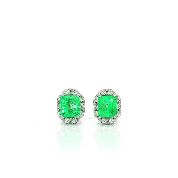 Emerald-Cut Vivid Colombian Emerald Colorless Near-Flawless Halo Diamond Stud Earrings (2 ⅔ ct. tw.) in 14k White Gold