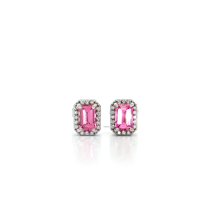 Emerald-Cut Vivid Pink Tourmaline Near-Colorless Near-Flawless Halo Diamond Stud Earrings (2 ct. tw.) in 14k White Gold