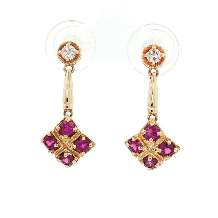 Deep Pink Tourmaline Colorless Nearly Flawless Geometric Diamond Drop Earrings (1 ct. tw.) in 14k Yellow Gold