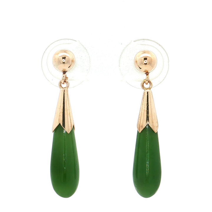 Deep Green Jade Dangle Earrings in 14k Yellow Gold