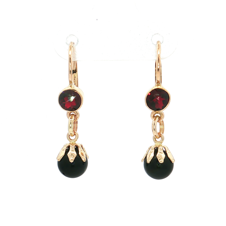 Vintage Checkerboard Deep Mozambique Garnet and Onyx Dangle Earrings (⅘ ct. tw.) in 14k Yellow Gold