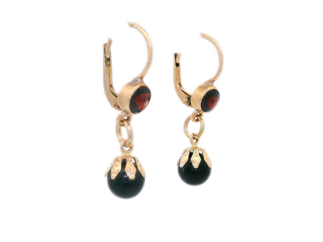 0.78 CTW Natural Garnet & Onyx Dangle Earrings in Yellow Gold