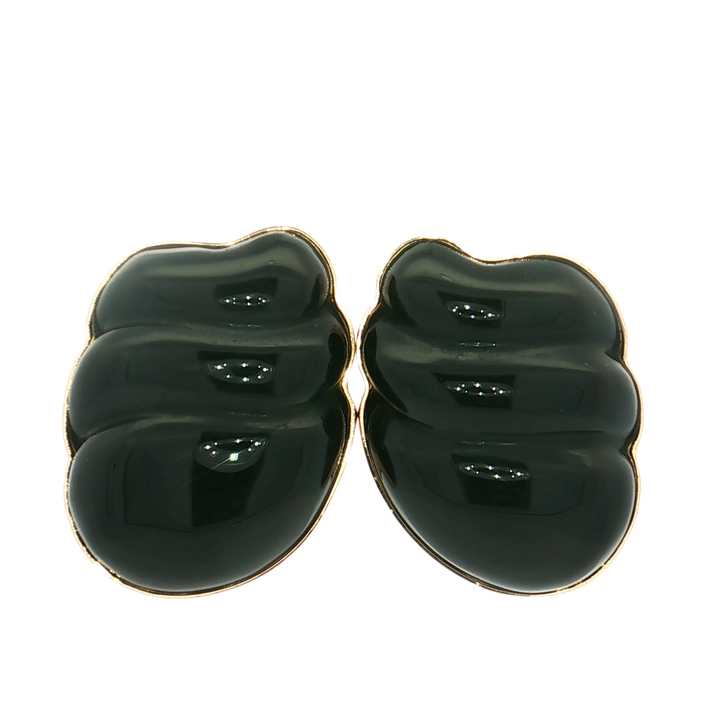 Vintage Ribbed Carved Onyx Stud Earrings in 14k Yellow Gold