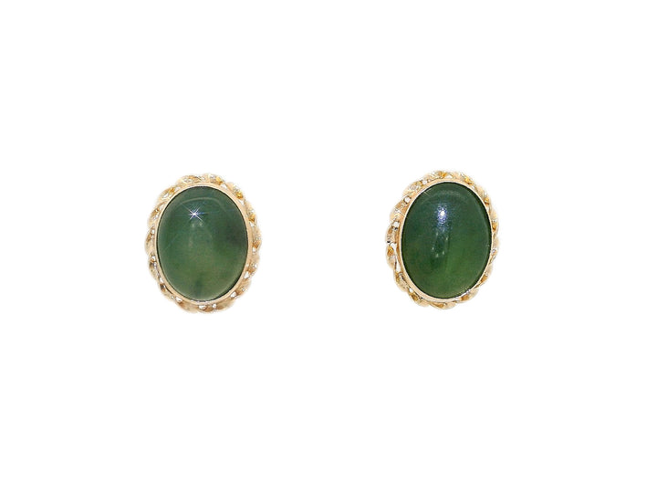 AAA Grade Natural Green Jade Oval Earrings in 14KT Yellow Gold