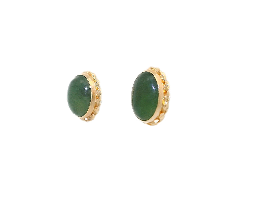 AAA Grade Natural Green Jade Oval Earrings in 14KT Yellow Gold