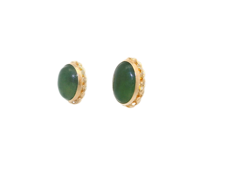 AAA Grade Natural Green Jade Oval Earrings in 14KT Yellow Gold
