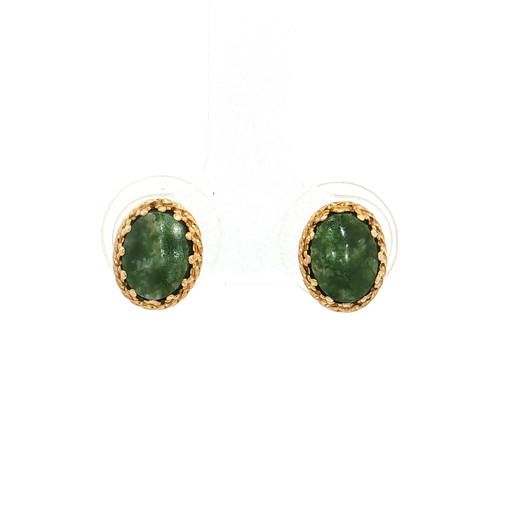 Vintage Oval Green Jadeite Jade Stud Earrings in 14k Yellow Gold