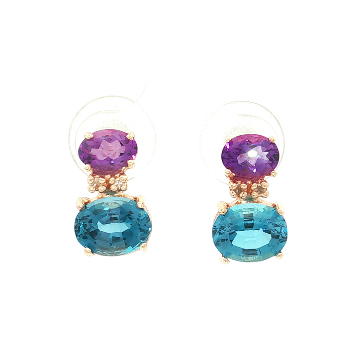 Oval London Blue Topaz Amethyst Diamond Stud Earrings (6 ⅓ ct. tw.) in 14k Yellow Gold