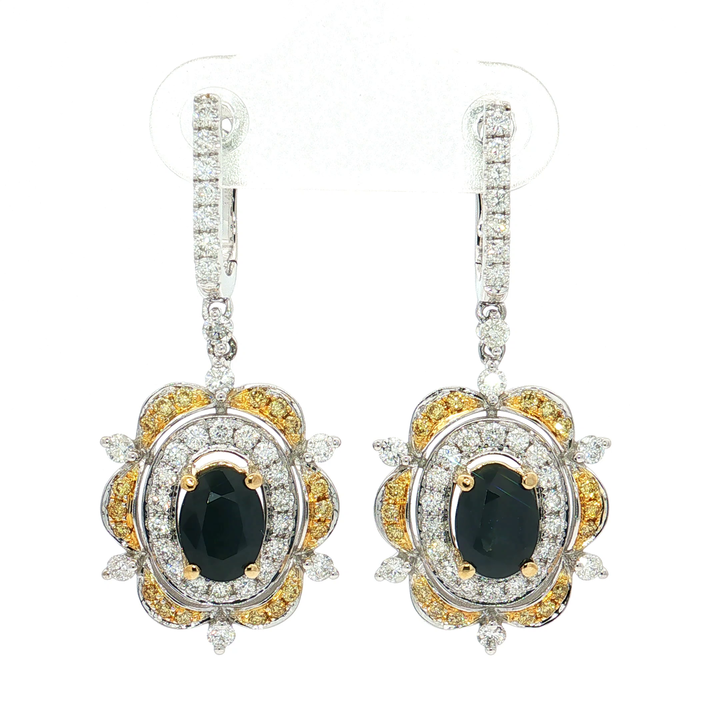 Deep Blue Sapphire Nearly Flawless Halo Diamond Statement Dangle Earrings (3 ⅓ ct. tw.) in 14k White & Yellow Gold