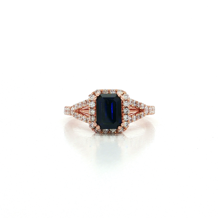 Emerald-Cut Deep Blue Sapphire Diamond Halo Ring (1 ⅚ ct. tw.) in 14k Rose Gold