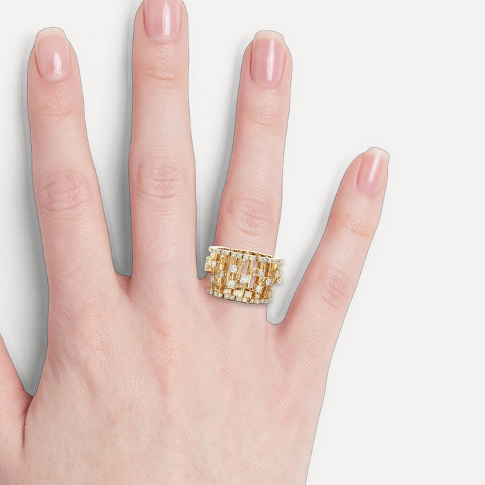Round Brilliant Cut Nearly Flawless Colorless Diamond Birdcage Eternity Ring (1 ⅔ ct.) in 14k Yellow Gold shown on a hand (light skin tone)