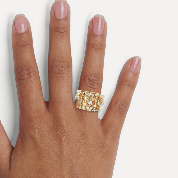 Round Brilliant Cut Nearly Flawless Colorless Diamond Birdcage Eternity Ring (1 ⅔ ct.) in 14k Yellow Gold shown on a hand (medium deep skin tone)