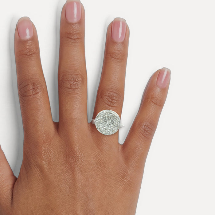 Round Brilliant Cut Diamond Pavé Ring (⅗ ct.) in 14k White Gold shown on a hand (medium deep skin tone)