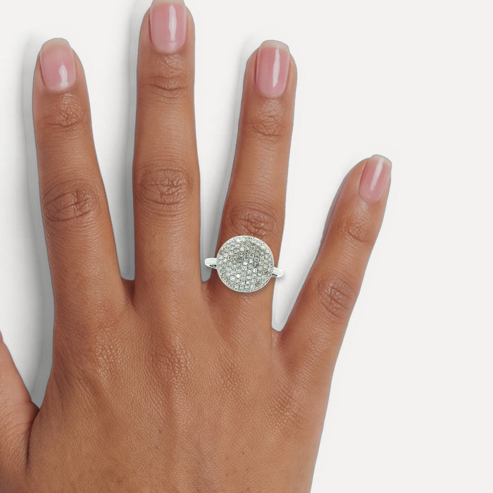 Round Brilliant Cut Diamond Pavé Ring (⅗ ct.) in 14k White Gold shown on a hand (medium deep skin tone)