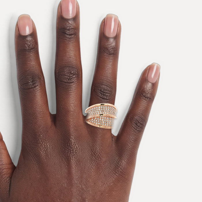 Colorless Round Brilliant Cut Pavé Diamond Ring (1 ct. tw.) in 14k Rose Gold Crossover shown on a hand (deep skin tone)