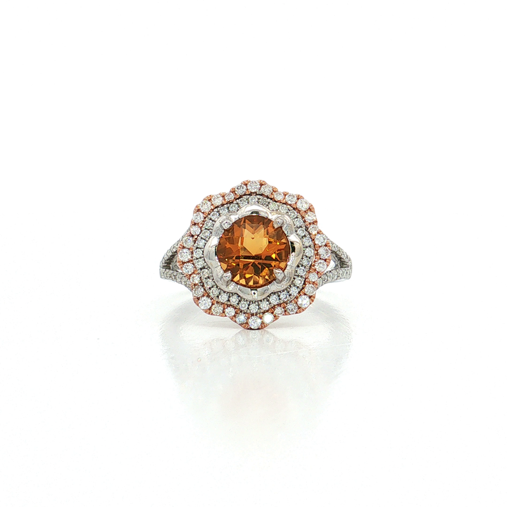 Checkerboard Vivid Citrine Colorless Nearly Flawless Double Halo Diamond Ring (2 ¼ ct. tw.) in 18k White & Rose Gold