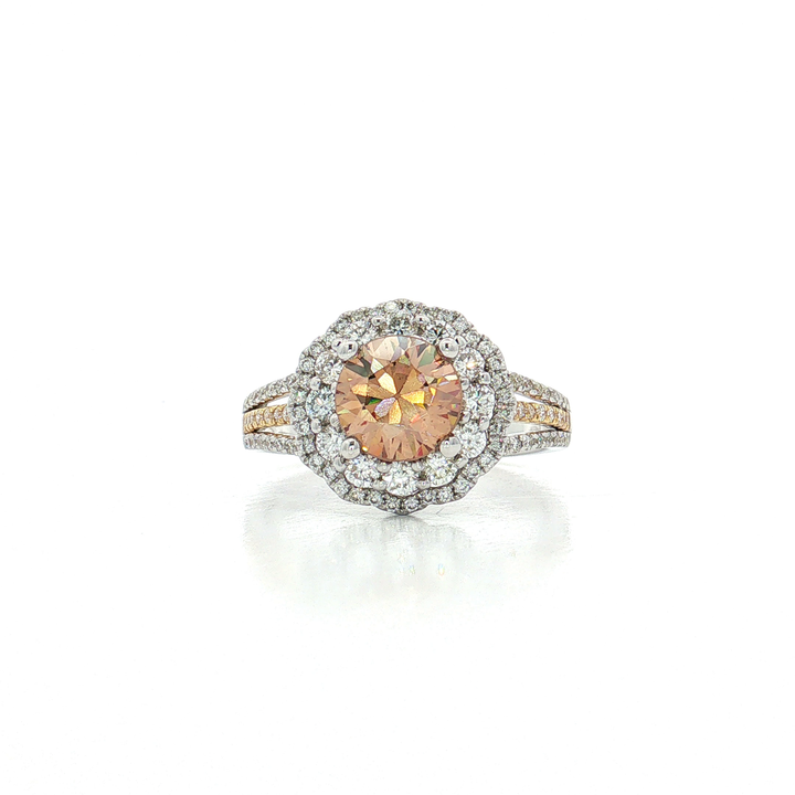Double Halo Golden Hessonite Garnet Diamond Ring (2 ⅘ ct. tw.) in 18k White & Yellow Gold