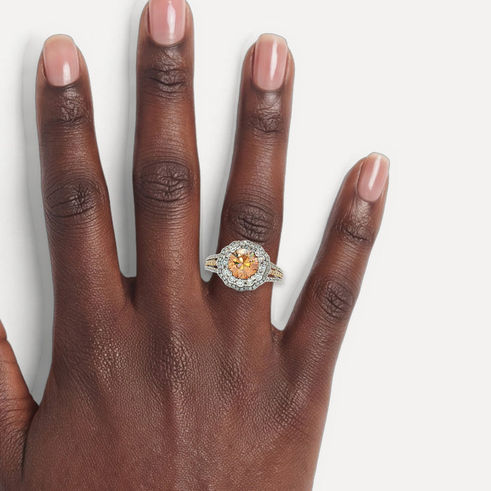Double Halo Golden Hessonite Garnet Diamond Ring (2 ⅘ ct. tw.) in 18k White & Yellow Gold shown on a hand (deep skin tone)