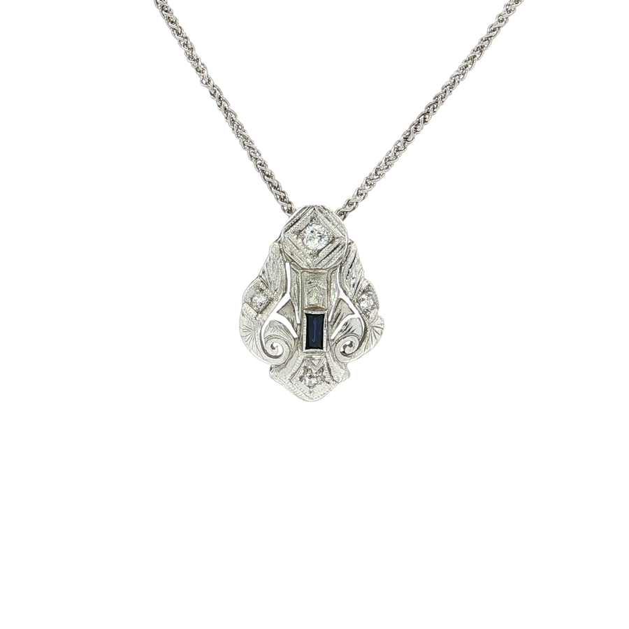 Antique Art Deco Nearly Flawless Diamond & Vivid Sapphire Pendant Necklace (2/5 ct. tw.) 18k White Gold