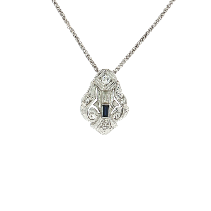 Vintage Art Deco Nearly Flawless Diamond & Vivid Sapphire Pendant Necklace (⅖ ct. tw.) in 18k White Gold