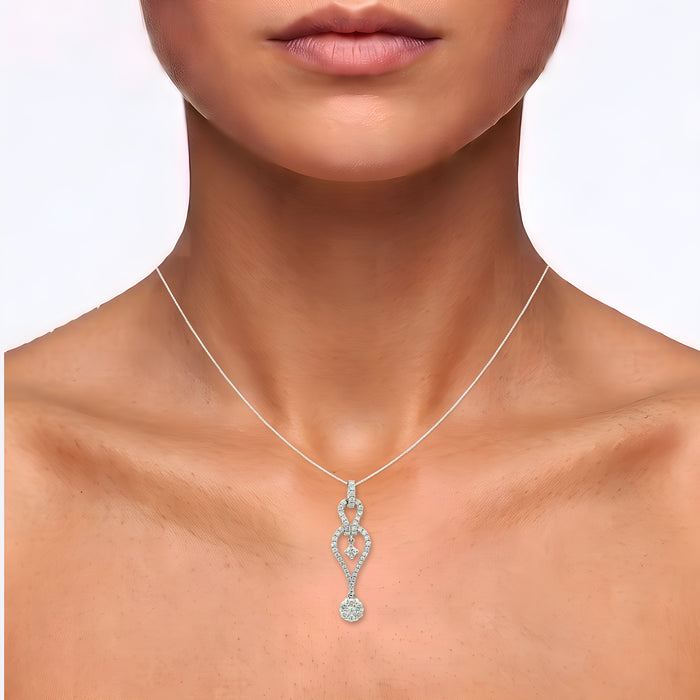 Nearly Flawless Colorless Diamond Drop Pendant Necklace (¾ ct. tw.) in 18k White Gold shown on the neck (medium skin tone)