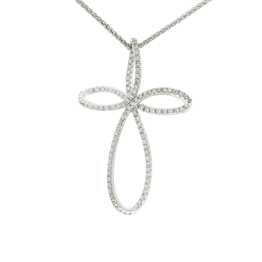 Colorless & Nearly Flawless Pave Diamond Bow-Shaped Cross Pendant Necklace (2 ct. tw.) 18k White Gold