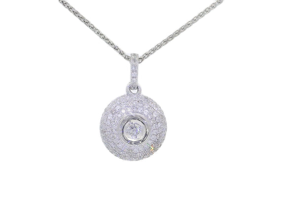 0.60 CTW Circular Natural Mined Diamond Pendant set in 14kt White Gold suspended from a 14kt White Gold Necklace