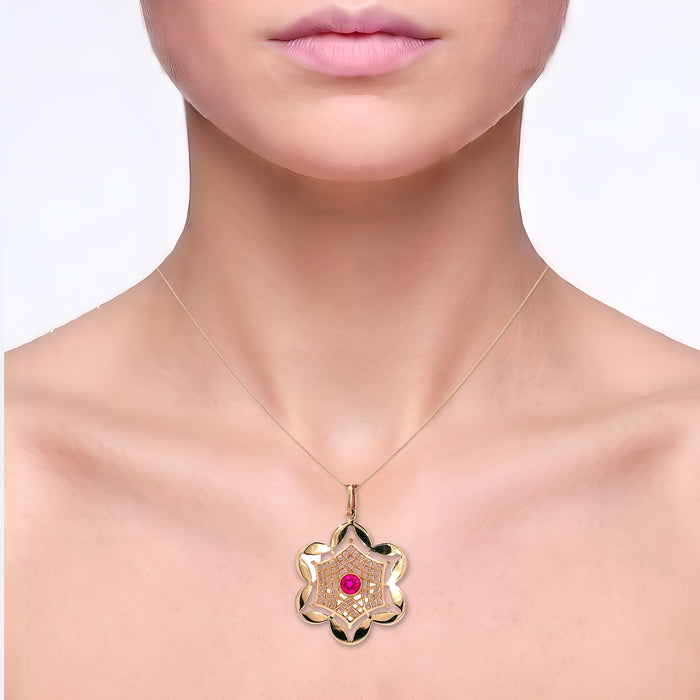 Filigree Vivid Ruby Flower Pendant Necklace (⅗ ct.) in 14k Rose Gold shown on the neck (light skin tone)