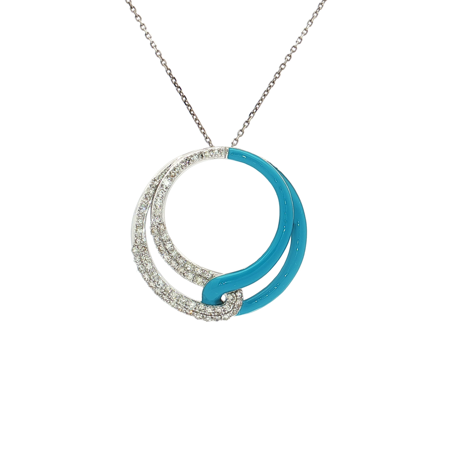 Pave Diamond and Blue Enamel Intertwined Circle Pendant Necklace (1/4 ct. tw.) 14k White Gold