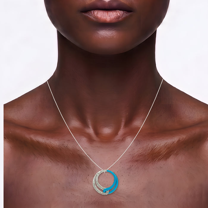 Pavé Diamond and Blue Enamel Intertwined Circle Pendant Necklace (¼ ct. tw.) in 14k White Gold shown on the neck (deep skin tone)