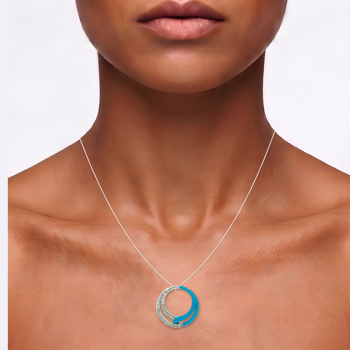 Pavé Diamond and Blue Enamel Intertwined Circle Pendant Necklace (¼ ct. tw.) in 14k White Gold shown on the neck (medium deep skin tone)