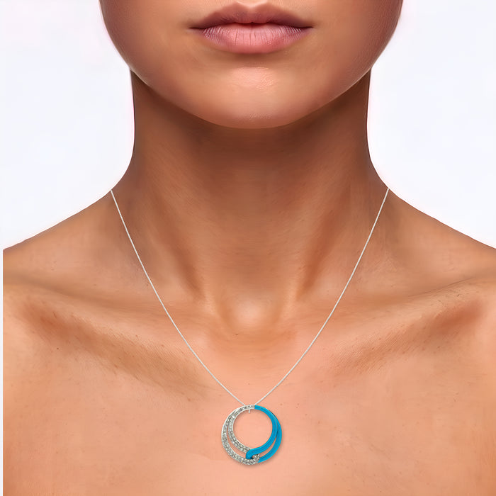 Pavé Diamond and Blue Enamel Intertwined Circle Pendant Necklace (¼ ct. tw.) in 14k White Gold shown on the neck (medium skin tone)